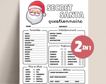 Peut inclure: Un questionnaire imprimable pour le Secret Santa avec un dessin animé de Père Noël en haut. Le questionnaire demande le plat préféré, la collation, la boisson, le café ou le thé, le dessert, le restaurant, la couleur, l'activité, le passe-temps, le parfum, le magasin, le sport et autres préférences du destinataire. Il demande également son anniversaire, son film ou sa série préférés, son émission de télévision, sa musique et sa destination. Le questionnaire comprend une section pour les préférences, demandant si le destinataire préfère les couvertures, les bougies, les bijoux, les cartes-cadeaux, la décoration intérieure ou le chocolat. Il demande également s'il préfère les chaussettes, les gadgets, les boissons, les articles de bain, les articles de sport ou les plantes. Le questionnaire comprend une section "Ceci ou Cela", demandant si le destinataire préfère les chiens ou les chats, le café ou le thé, le bagel ou le sandwich, le sucré ou le salé, le clair ou le neutre, et le livre ou le podcast. Le questionnaire comprend également une section "Autres", demandant ce que le destinataire veut ou aimerait, et ce qu'il ne veut pas ou n'a pas besoin. Le questionnaire demande également la taille du destinataire en chemise, pantalon et chaussures.