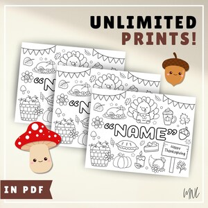 May include: Thanksgiving-themed coloring pages with a turkey, pumpkins, and other festive elements. The text "UNLIMITED PRINTS!" and "NAME" are visible. A red mushroom and a smiling acorn are also included.