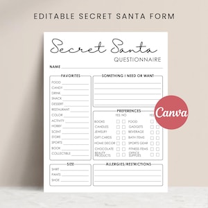 Bearbeitbarer Secret Santa Fragebogen für Weihnachtsfeier Arbeit Geschenkbörse Geschenkliste Ideen für Secret Santa Geschenkumfrage, Secret Santa Form