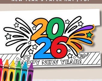 New Year Party Hat Printable Party Hat for New Years Eve, 2026 New Year Coloring Page Kids Activity, Countdown Celebration Craft Printable