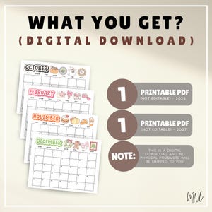 May include: A digital download set featuring four monthly calendar pages for October, February, November, and December with colorful seasonal illustrations. Text includes WHAT YOU GET, DIGITAL DOWNLOAD, PRINTABLE PDF, and 2026 and 2027 labels.