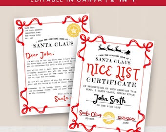 May include: Two Christmas documents: a letter from Santa Claus and a Nice List Certificate. Both have red borders and decorative elements. The letter is addressed to "John", and the certificate is signed by Santa Claus.