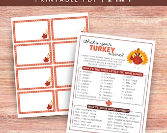 Thanksgiving Turkije-naamspel met Turkije-naamkaartjes, Whats Your Name-spel, Friendsgiving-spel, naamgenerator, afdrukbaar Thanksgiving-spel