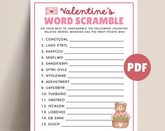 Valentines Word Scramble for Valentines Party Game Printable Valentines Games for Kids Teens and Adults, Valentine’s Day Word Scramble PDF