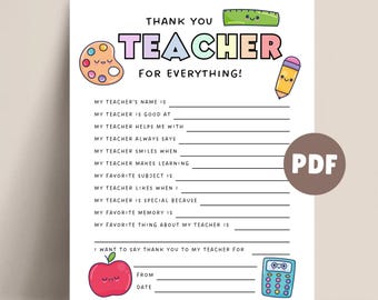 All About My Teacher Printable for Teacher Appreciation Week, Teacher Thank You Gift, Teacher Survey for Teacher’s Day Coloring Page, PDF