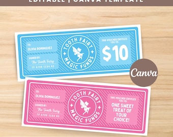Tooth Fairy Money Gift for Girl and Boy’s Lost Tooth, Printable Tooth Fairy Voucher, Tooth Fairy Coupon Pink & Blue, Editable Canva Template