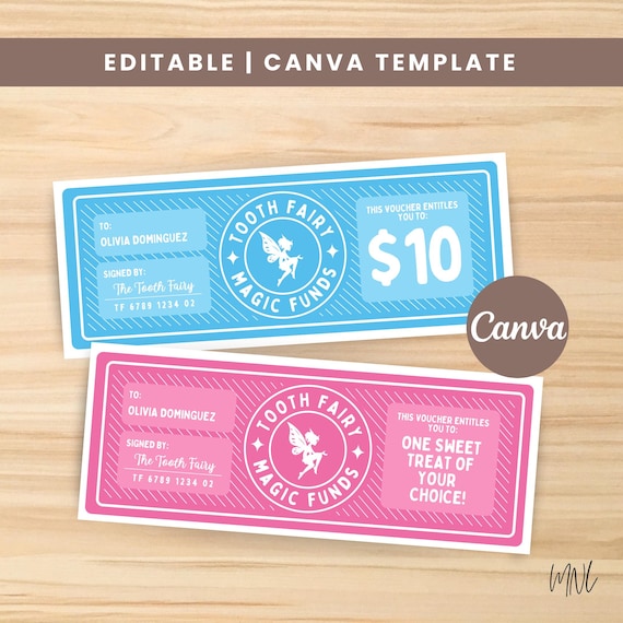 Tooth Fairy Money Gift for Girl and Boy’s Lost Tooth, Printable Tooth Fairy Voucher, Tooth Fairy Coupon Pink & Blue, Editable Canva Template