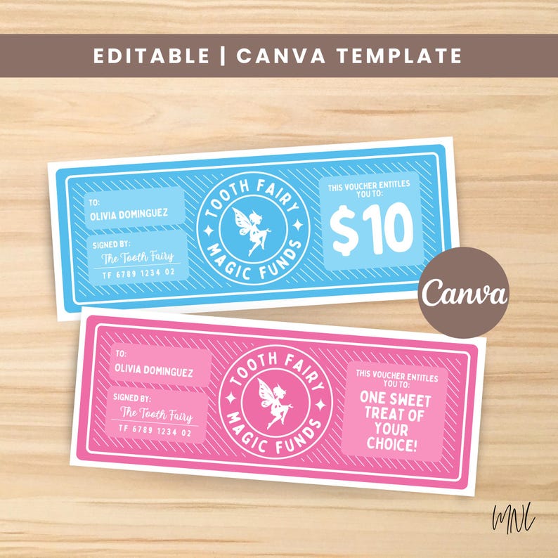 Editable tooth fairy money printable featuring a money card, lost tooth template, and printable tooth fairy voucher designed as a tooth fairy coupon. This Canva template includes a cute tooth fairy gift and tooth fairy card style money gift, perfect for a child’s first tooth with blue and pink options.