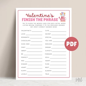 Valentines Day Finish the Phrase, Valentine&#39;s Day Party Game Finish My Phrase, Valentines Printable, Valentines Activity, Printable PDF