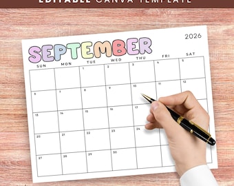 Calendario imprimible 2026, plantilla editable en Canva, planificador minimalista 2026, calendario mensual, descarga digital.