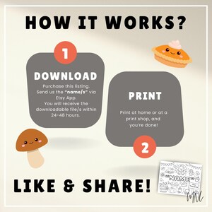 May include: An illustrated guide titled "HOW IT WORKS?" with steps for downloading and printing a digital file. Includes cartoon images of a pie, mushroom, and a coloring page with the text "NAME". The text "LIKE & SHARE!" is also present.