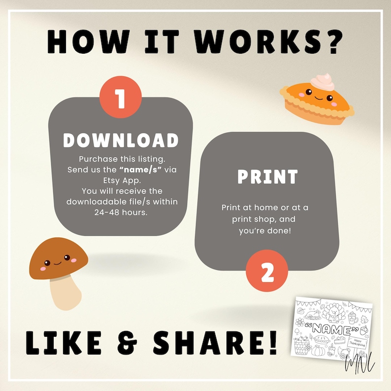 May include: An illustrated guide titled "HOW IT WORKS?" with steps for downloading and printing a digital file. Includes cartoon images of a pie, mushroom, and a coloring page with the text "NAME". The text "LIKE & SHARE!" is also present.