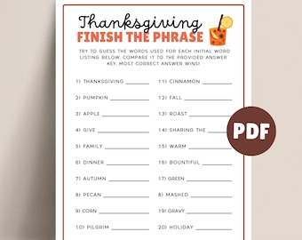 May include: Thanksgiving-themed "Finish the Phrase" game. The printable PDF features a red border and a brown circle with "PDF" in white. The game includes fill-in-the-blank prompts related to Thanksgiving.