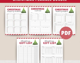 May include: A Christmas planner bundle with various printable pages. The pages include a shopping checklist, wish list, stocking stuffer ideas, and gift lists. Each page has a red and white border and a Christmas tree graphic.