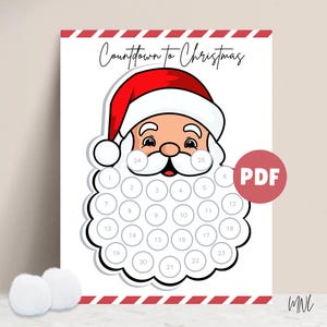 Santa Christmas Countdown Calendar Printable Advent Calendar Countdown Days until Christmas, Cotton Ball Beard, Kids Christmas Calendar PDF