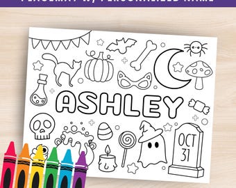 Halloween-placemat met gepersonaliseerde naam, Halloween Kleurplaat Placemat Afdrukbare Halloween-activiteit voor kinderen Kleurplaat Halloweenfeest