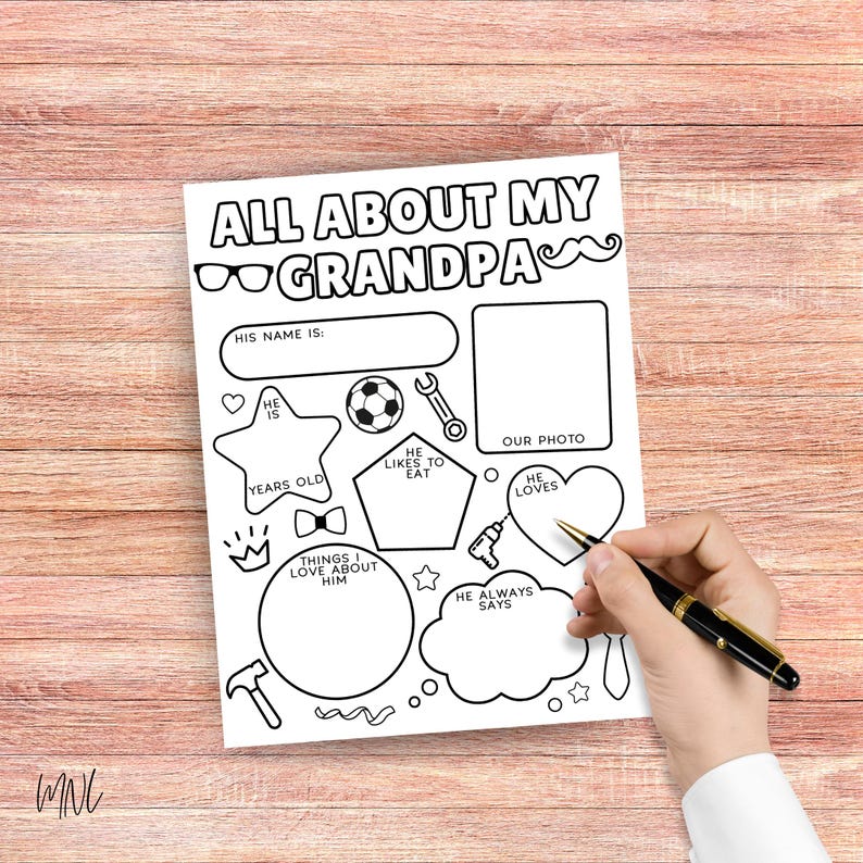 Puede incluir: Una hoja de trabajo imprimible con el t&iacute;tulo "Todo sobre mi abuelo" y sugerencias para que los ni&ntilde;os completen informaci&oacute;n sobre su abuelo, incluyendo su nombre, edad, cosas favoritas para comer y cosas que les gustan de &eacute;l. La hoja de trabajo incluye ilustraciones de un bal&oacute;n de f&uacute;tbol, una llave inglesa, un coraz&oacute;n, una corona, una corbata de lazo y una estrella.