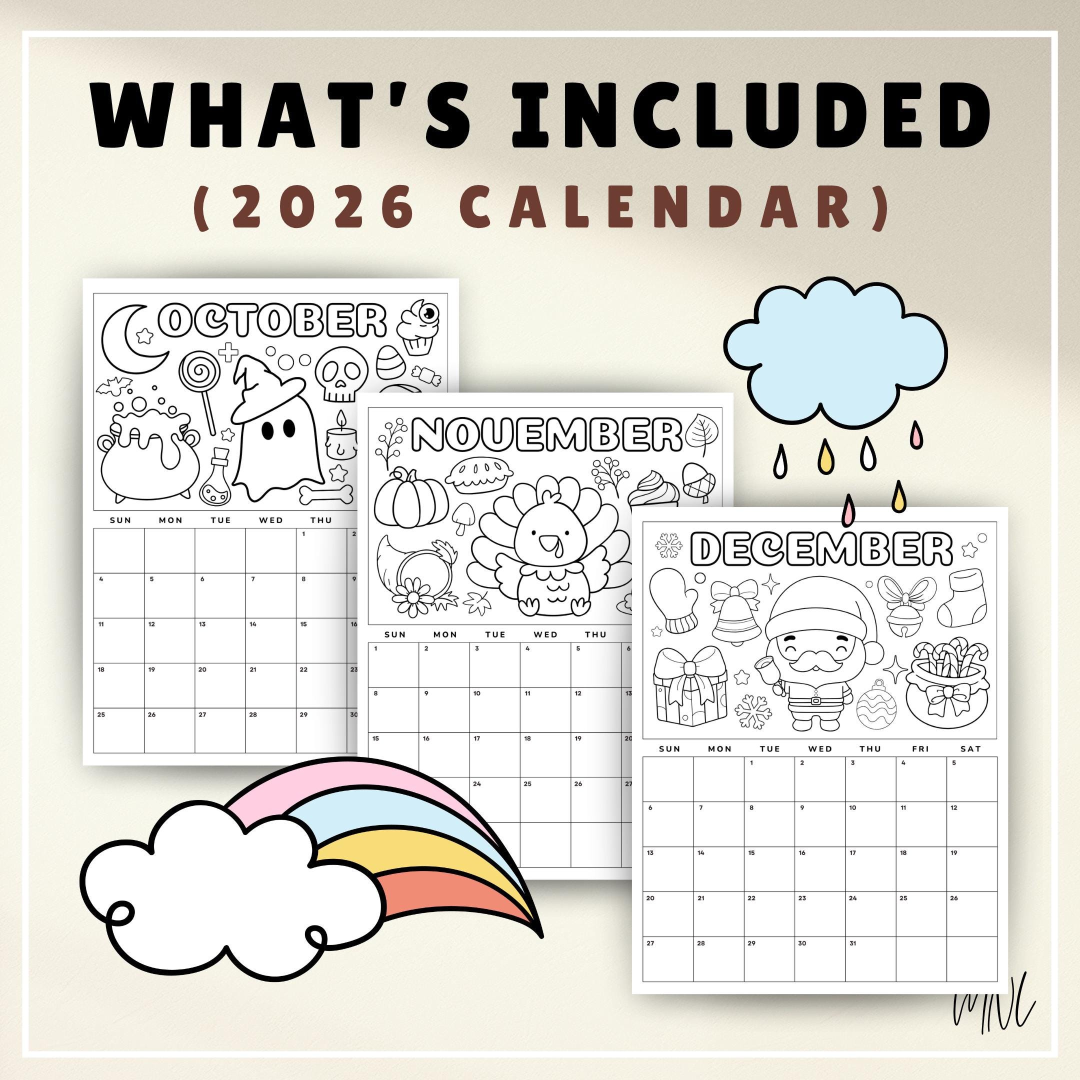 Kids Monthly Calendar 2026, Printable Coloring Calendar for Kids, 2026 ...