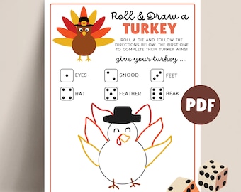 May include: A printable Thanksgiving game titled "Roll & Draw a Turkey." The game features a turkey illustration, dice, and instructions. The text includes "Roll & Draw a TURKEY" and "give your turkey..."