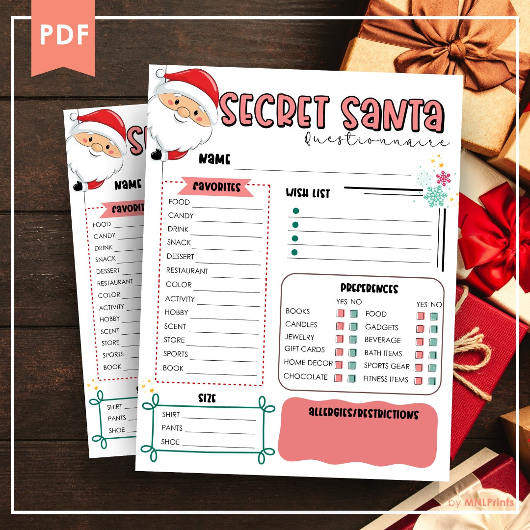 Secret Santa Questionnaire for Coworker Printable Secret Santa Form for