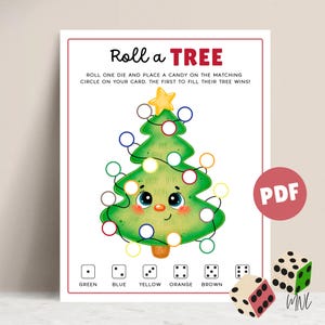 以下が含まれることがあります： 漫画のクリスマスツリー、サイコロ、そして「Roll a TREE」というテキストが特徴の、印刷可能なクリスマスをテーマにしたゲーム。ゲームには、色付きの円と、一致する円にキャンディーを置くための指示が含まれています。PDFアイコンが表示されています。