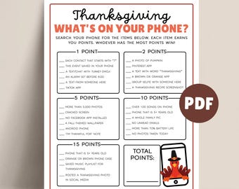 Thanksgiving Was ist auf Ihrem Handy Spiel, Thanksgiving-Spiele für Erwachsene, Familienspieleabend, Was ist in Ihrem Handy Thanksgiving-Partyspiele, PDF