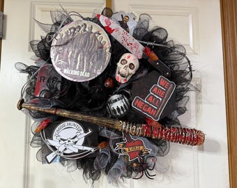 Custom handmade Walking Dead inspired Lucille spooky mesh Wreath 22”