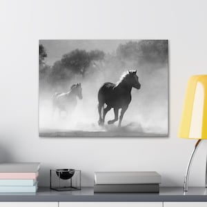 Canvas Print, Black and White Horses Running in Field, Horse Lover Gift, Western Wall Art, Home Decor, Nature Photography, Animal Art, Horse