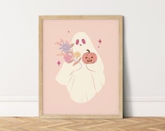 Pink Ghost Print, Pink Halloween Wall Art, Cute Ghost Art Print, Printable Halloween Decor,Spooky Art Print