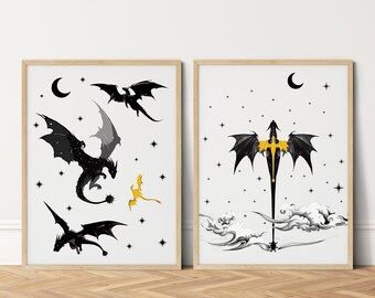 Set mit 2 Drachen-Kunstdrucken, Booktok Bookish Merch Kunst, druckbares Wanddekor, Geschenk