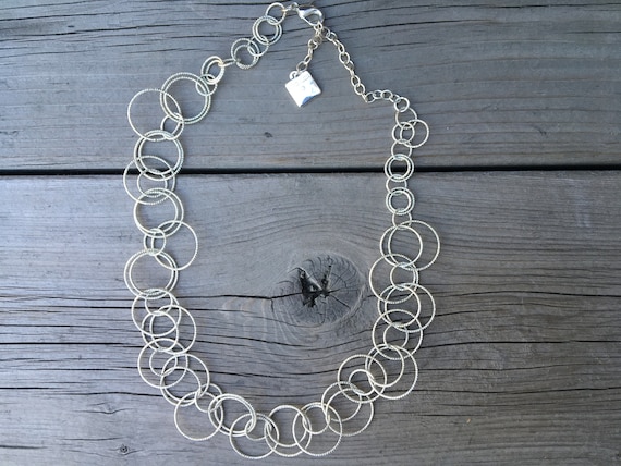 Silver tone necklace Interlocking circles necklac… - image 1