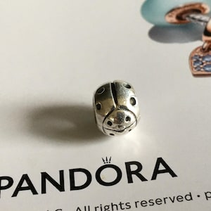 May include: A silver ladybug charm bead with a smiling face and dotted details. The charm is a Pandora product, as indicated by the logo in the background. Other charms are visible in the background.
