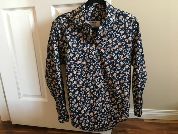 Tilley, Vintage Liberty of London Fabric Shirt Tilley Endurables Shirt Long Sleeve Liberty of London Black Pink floral Liberty Art Fabrics Blouse