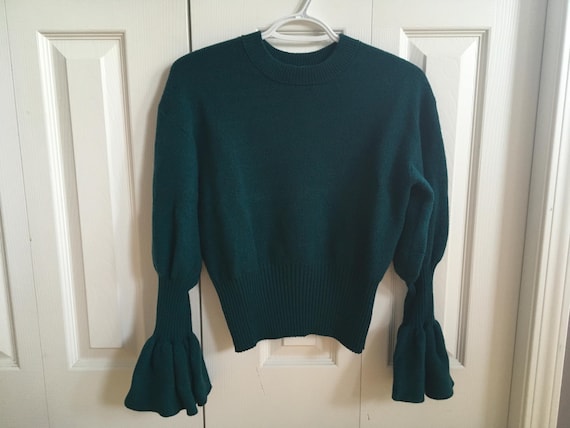 Chloé, Trina Turk Chloe Ruffle Pullover In Bayberry Medium Trina Turk Merino Wool Sweater Green Pullover Bell Cuffs Designer Sweater