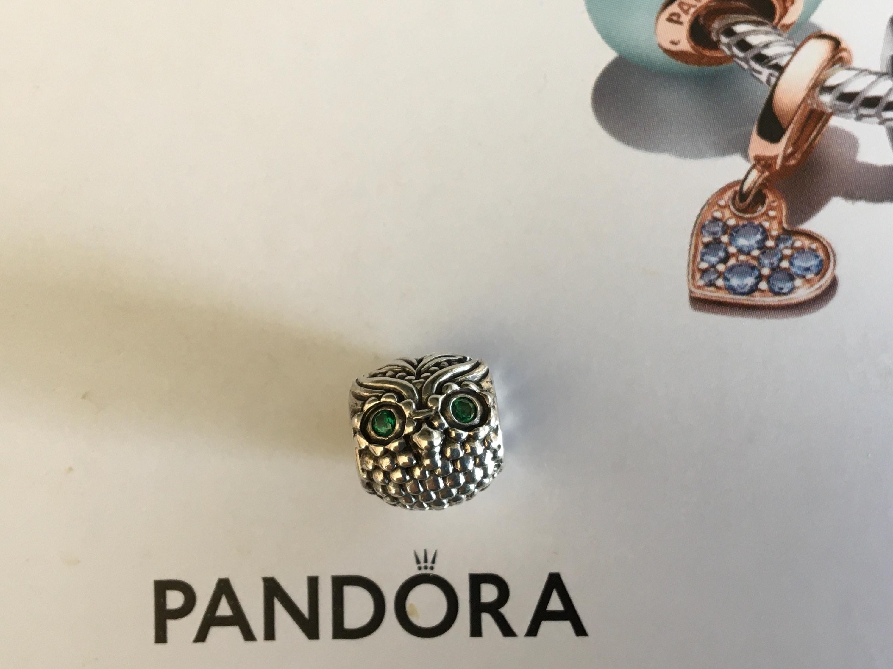 Authentic Pandora Wise Owl Charm Pre-loved Pandora Owl with green Eyes Charm Sterling Silver Green C