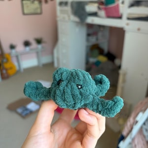 May include: A small, dark green crocheted plush toy shaped like a sea creature with a textured, yarn-based surface and two small, dark, round eyes. The plush features a central head section with two side appendages extending outward.