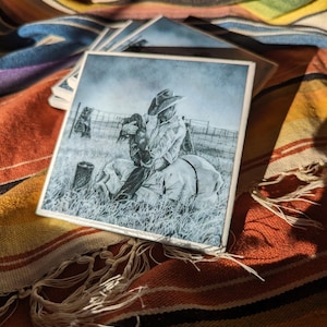 Western Drink Coasters        These tile coasters are each handmade and feature my own artwork.