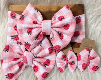 Baby Toddler Adult Bow Headwrap Nylon Headband Pigtail Clips Pink Blush white plaid fruit strawberry Valentines Day spring summer Berry One