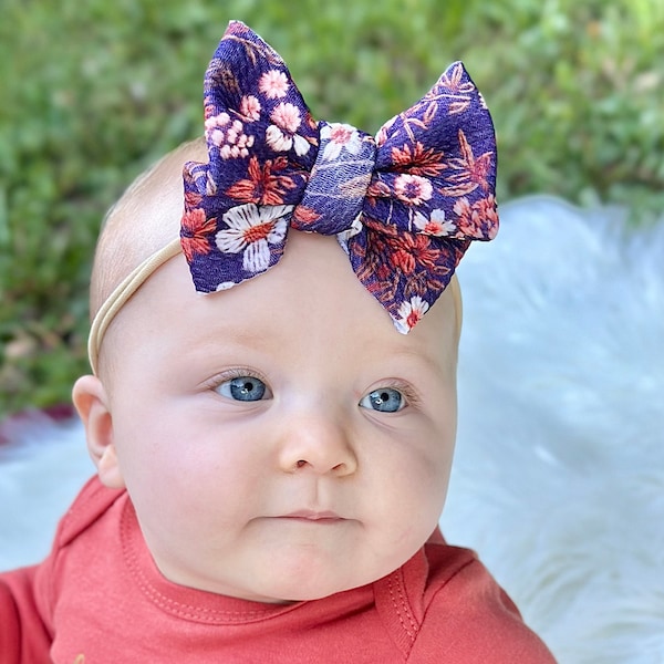 Navy Floral Flower Embroidery Boho Handmade Bullet Liverpool Fabric Baby Toddler Nylon Headband Headwrap Bow Spring Summer Boho Picnic