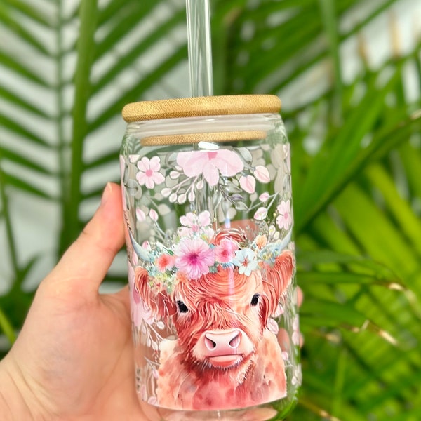 Clear Coffee Glass 16oz Cup w/Straw, Bamboo lid.Southern Country Highland Cow Floral Spring Summer Vinyl,Valentines Day,Birthday,Anniversary