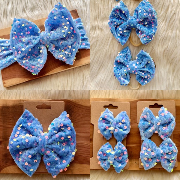 Icicle Ice Blue Velvet Sequin Shimmer Baby Toddler Headwrap Headband Nylon Bow Pigtail clips Dance Costume Competition Winter Valentines Day