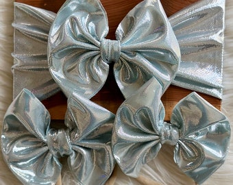 Mermaid Silver Holographic Shimmer Baby Toddler Bow Headwrap Headband Nylon Bow Dance Cheer Gymnastics Pagent Winter Spring Valentine’s Day