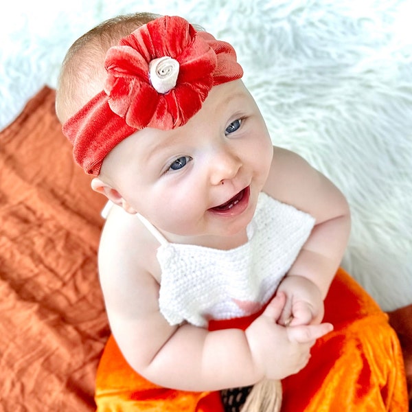 Fall Autumn Baby Bow Headwrap Headband Orange Pumpkin velvet handmade