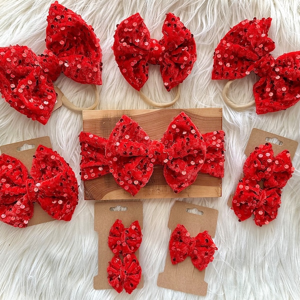 Red Velvet Sequin Shimmer Baby Toddler Headwrap Headband Nylon Bow Pigtail clips Dance Costume Competition Winter Christmas Valentines Day