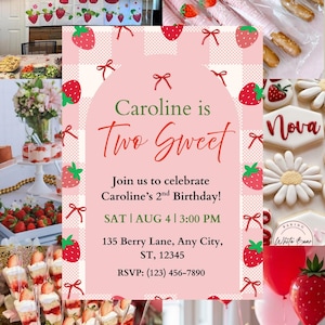 Strawberry Two Sweet Birthday Invitation Template | Editable Berry 2nd Birthday Girl Digital Invitation | Strawberry Birthday Party