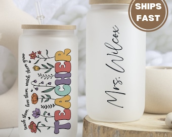 Teacher Glass Cup, Personalized Teacher Iced Coffee Cup, Custom Teacher Glass Tumbler for Teacher's Appreciation Week, Teacher Coffee Cup