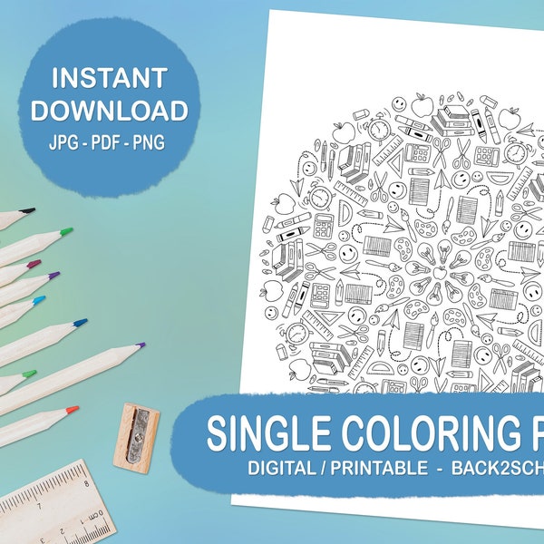 Printable Digital Coloring Page, Back to School, Office Supply, Mindfulness Mandala, Print & Color, Hand-Drawn, Adult Coloring, Kid Coloring