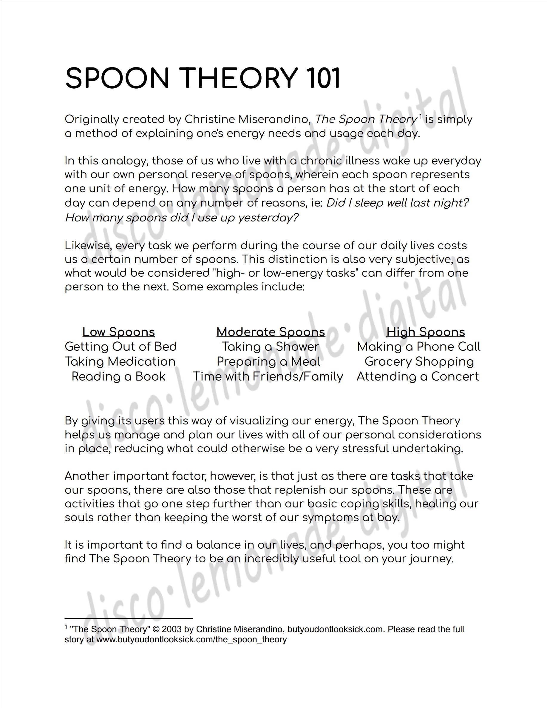 Spoon Theory Worksheets, Therapy/counseling Worksheets, Usage Rights