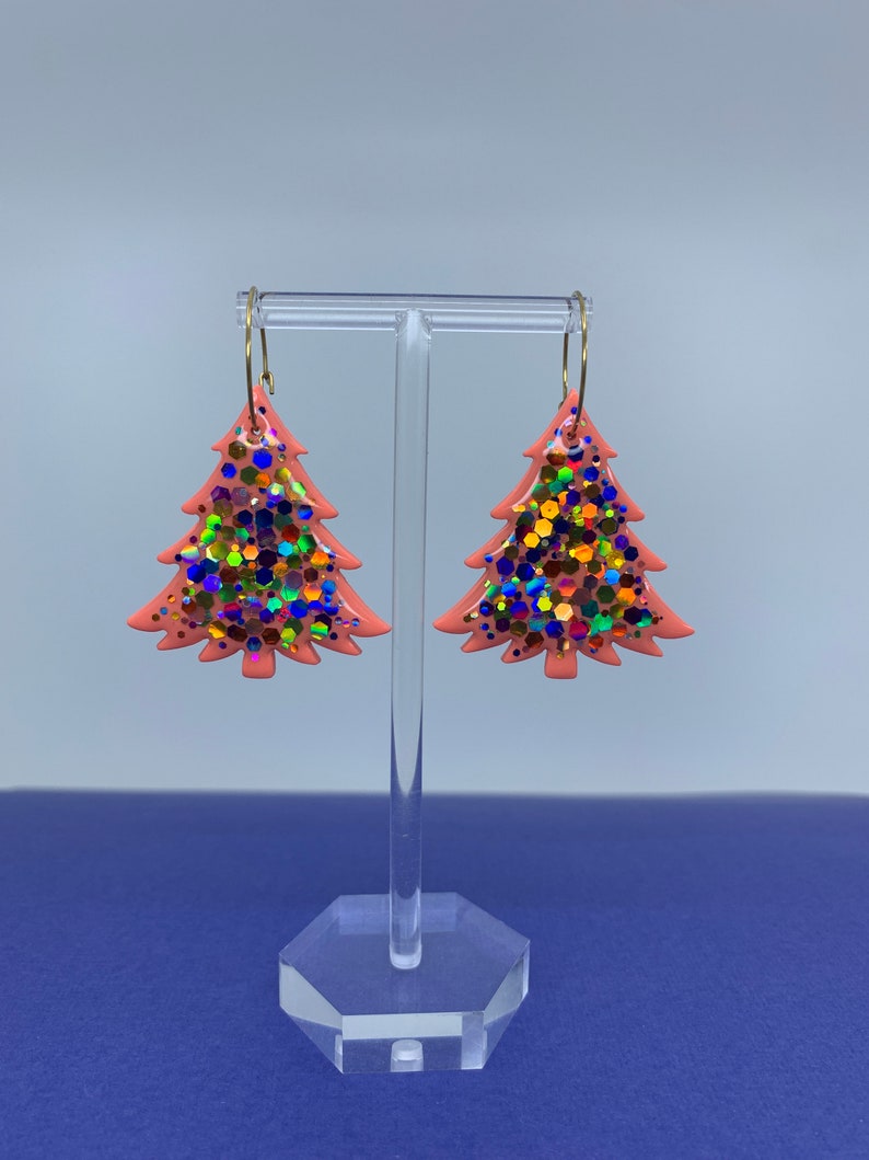 Neon Peach Christmas Tree Earrings Festive Earrings Christmas Etsy