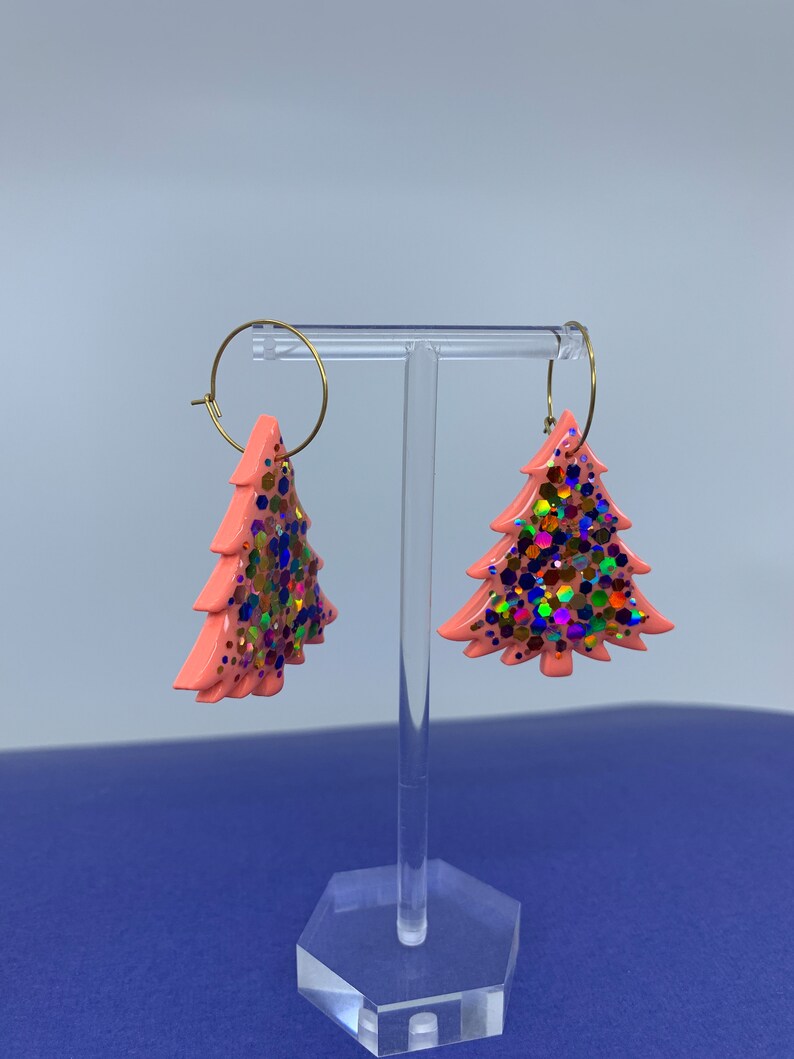 Neon Peach Christmas Tree Earrings Festive Earrings Christmas Etsy